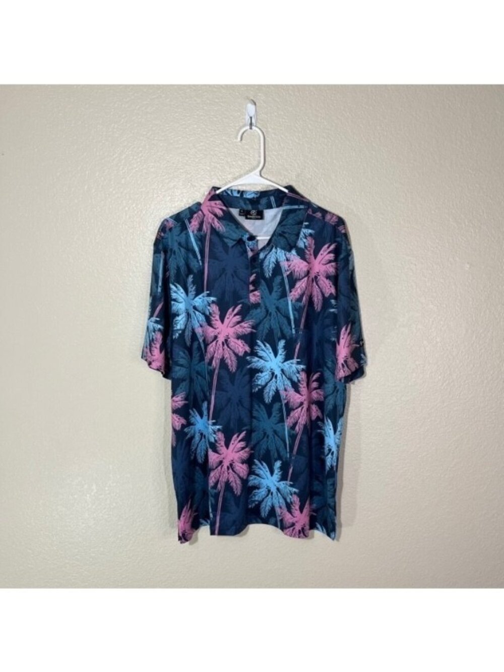 Greenside Golf Polo Mens XL Floral Palm Tree Shirt Stretch Blue Pink Athletic